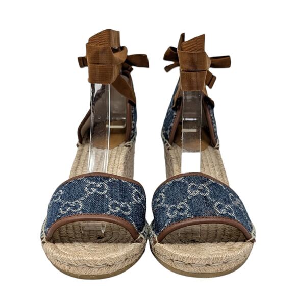 Gucci Pilar GG Monogram Denim D'Orsay Espadrille Wedge Heel Sandal Blue Tan  37 - Picture 3 of 11
